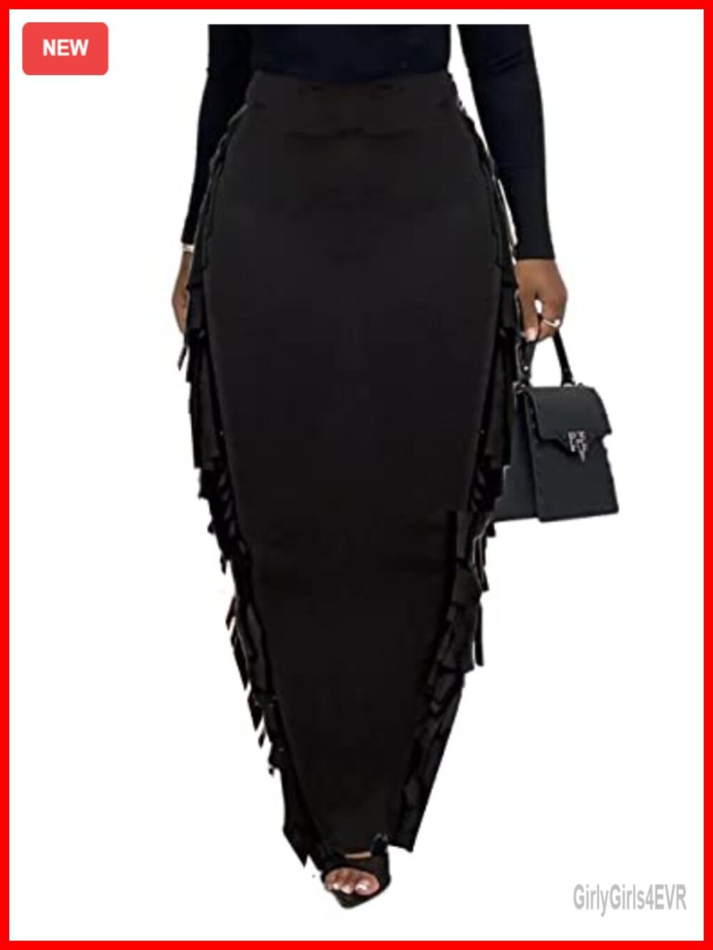 High Waist Bodycon Maxi Pencil Skirt with Side Tassels, Polyester Spandex